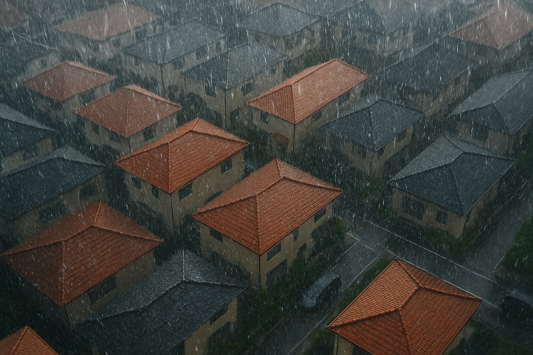 街並みの屋根へ雨が降り注いでいる